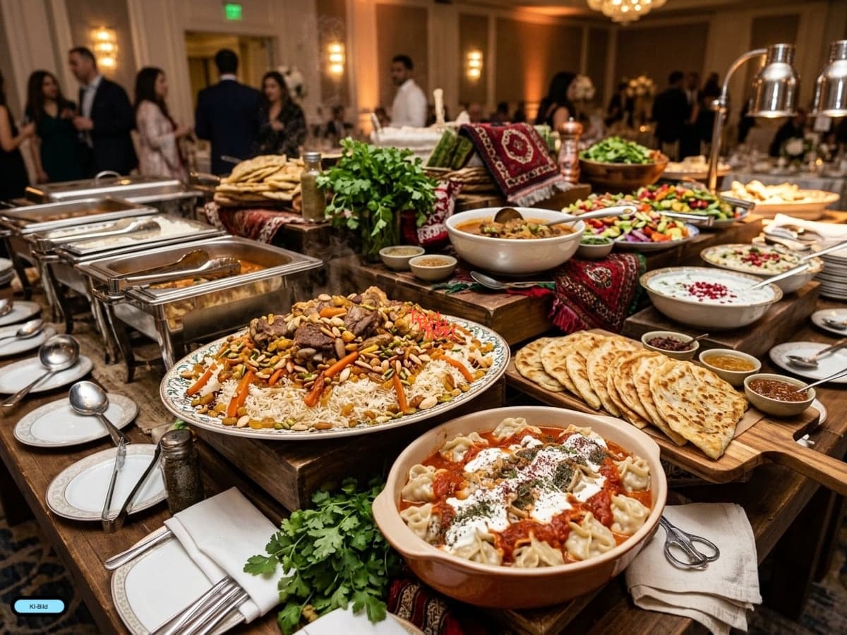 Reichhaltiges afghanisches Buffet mit Kabuli Palau, Mantu, Fleischspezialitäten und Chafing Dishes