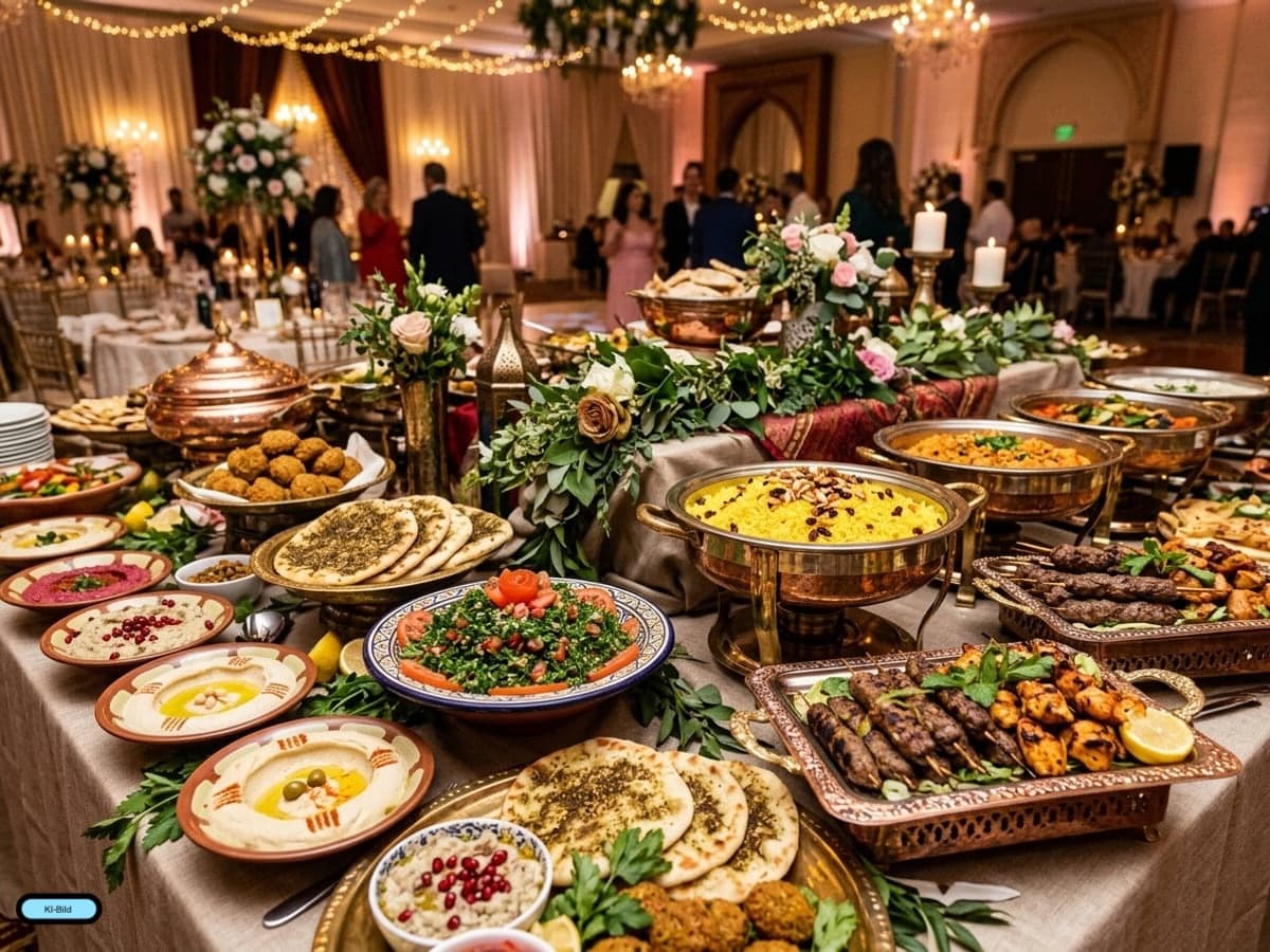 Reichhaltiges arabisches Buffet mit Mezze, warmen Schmorgerichten, Grillspießen und Fladenbrot