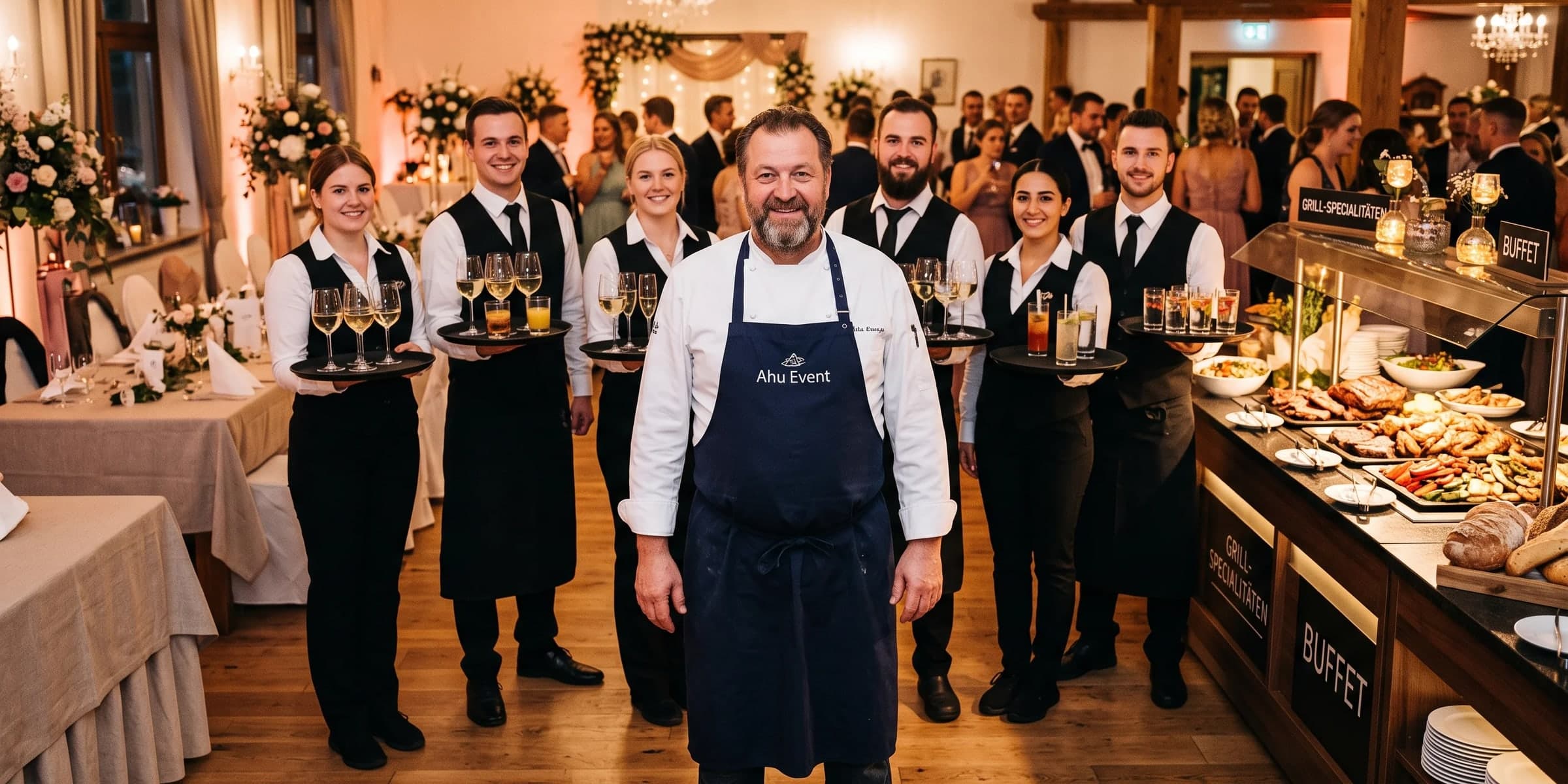 Das Team von AHUEVENT im Festsaal: der Küchenchef in Kochjacke und blauer Schürze in der Mitte, sechs Servicekräfte mit Tabletts voller Gläser daneben, rechts das eröffnete Buffet mit Grillspezialitäten